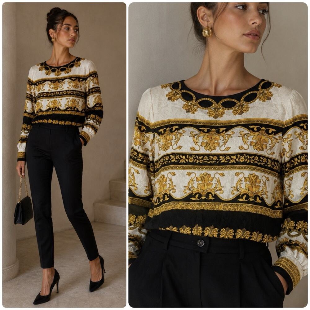 Vintage Adrianna Papell Baroque Gold Black Ivory 100% Silk Blend Blouse Size 4